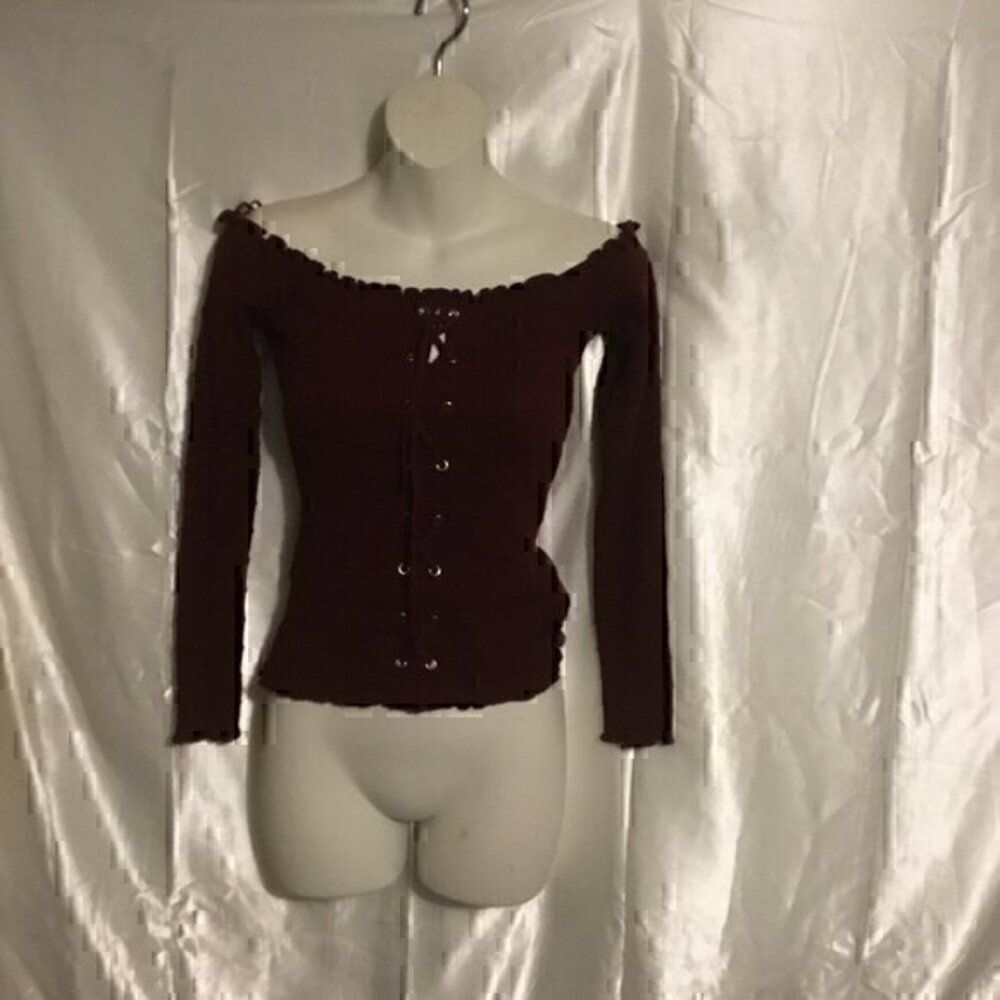 Ambiance Apparel Long Sleeve Ribbed  Off Shoulder Burgundy Lace up Top L